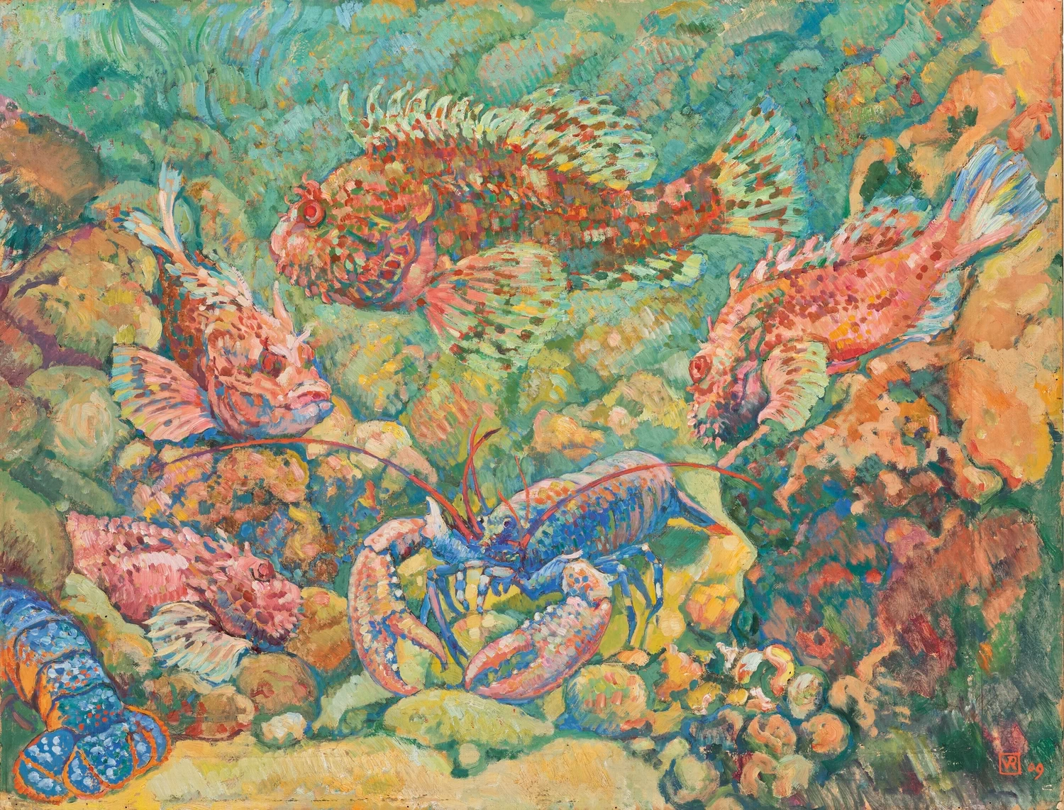 Scorfani e aragoste in un acquario, 1909